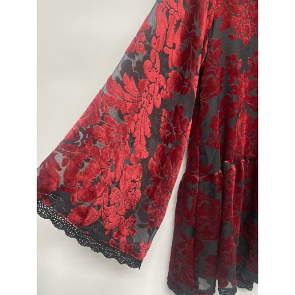 POL Women’s Red Floral Velvet Burnout Babydoll Oversized Boho Top Sz S - Picture 5 of 7
